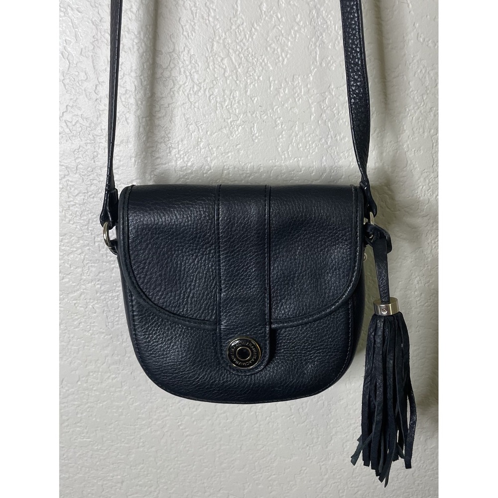 Isaac Mizrahi Women Crossbody Bag Black Pebbled Leather Tassel Saddle Purse
